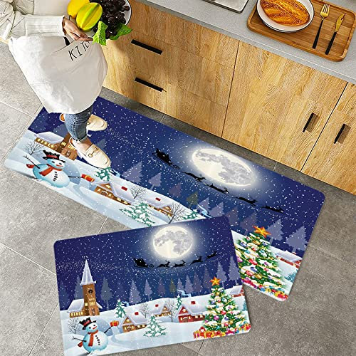Küchenteppich Teppich Läufer Küchenläufer 2 Stück rutschfest,Weihnachten, Wintersaison Schneemann Weihnachtsbaum Santa Schlitten Mond Geschenkboxen Sch, Waschbar für Flur Küche 40 x 100 cm+40 x 60 cm