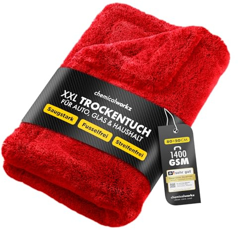 Chemicalworkz® Shark Towel Trockentuch 1400 GSM rot 80x50cm - saugstarkes Fast Dry Microfasertuch extra groß Autopflege | Fusselfrei, Streifen- & schlierenfreies Trocknen | Auto, Motorrad & Dusche