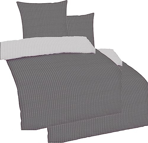 KH-Haushaltshandel 4-TLG. Seersucker Wende Bettwäsche 2X 135x200 + 2X 80x80 cm, Uni einfarbig, grau Silber, Reissverschluß, bügelfrei (60354)