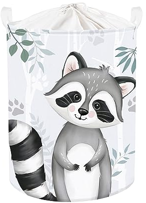 Clastyle 45L Niedlich Grau Lächeln Waschbär Grün Baum Kinder Wäschekorb Babyzimmer Blätter Tier Rund Korb Spielzeug Kleidung Aufbewahrung Kinderzimmer für Babyzimmer, 36x45 cm