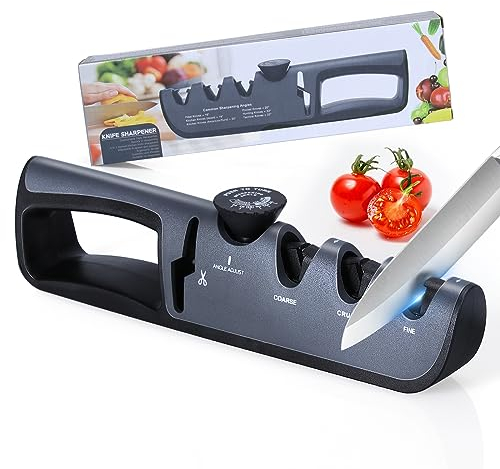 Alyvisun Affilacoltelli Professionale, Manuale 4 in 1 Affilacoltelli, Manico Ergonomico e Base Antiscivolo, per Affilare Coltelli da Cucina, Forbici ect (Nero)