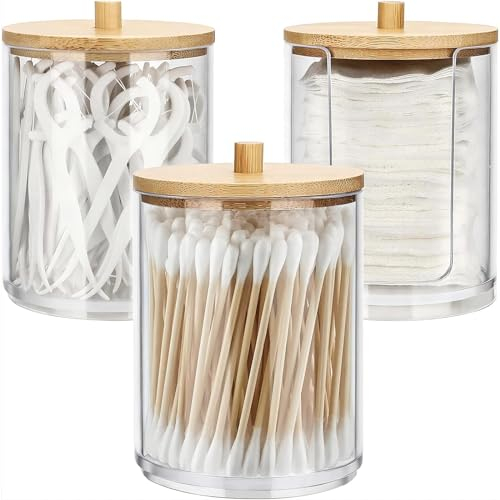 wadafen 3 Pack Cotton Pad Holder, Cotton Bud Dispenser with Bamboo Lids, Cotton Swab Ball Holder,Cotton Pad Storage,Suitable for Cosmetics, Cotton Balls, Cotton Swabs, and Cotton Pads