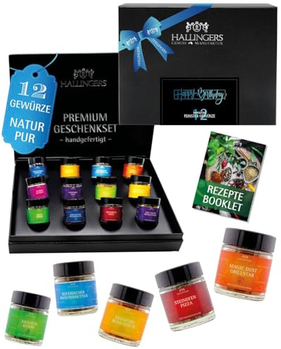 Hallingers Genuss Manufaktur Gewürz Geburtstagsgeschenk-Set - 12 Gewürze aus aller Welt in wertiger Geschenkbox mit Rezept-Booklet Happy Birthday, Geschenke für Frauen Männer