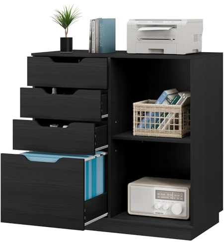 EasyPAG Seitlicher Aktenschrank aus Holz mit 4 Schubladen, A4, Briefgröße, Hängemappe, Aktenschrank, Druckerständer mit offenem Ablagefach für Büro und Zuhause, Schwarz