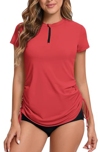 UV Shirt Damen Wasser 1/4 Reißverschluss Schwimmshirt Rashguard Damen Badeshirt Kurzarm Schwimm Tshirt Verstellbarer Saum UPF 50+ Wassermelone Rot S