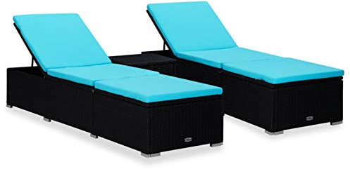Chaduof 3-TLG. Garten-Sonnenliegen mit Teetisch, Balkonliege, Gartenliege, Sonnenbett Outdoor, Freizeitliege, Gartenliegestühle, Strandliege, Gartenmöbel, Himmelsliege, Poly Rattan Schwarz
