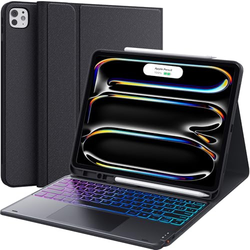 CHESONA Teclado iPad Pro 13 (M5/M4, 2025/2024), 3-Zonas 7-Colores Retroiluminada, Trackpad Inteligente, 2 Canales BT, 3 Ángulos Ajustables, Teclado Desmontable Magnético para iPad Pro 13 2024, Negro
