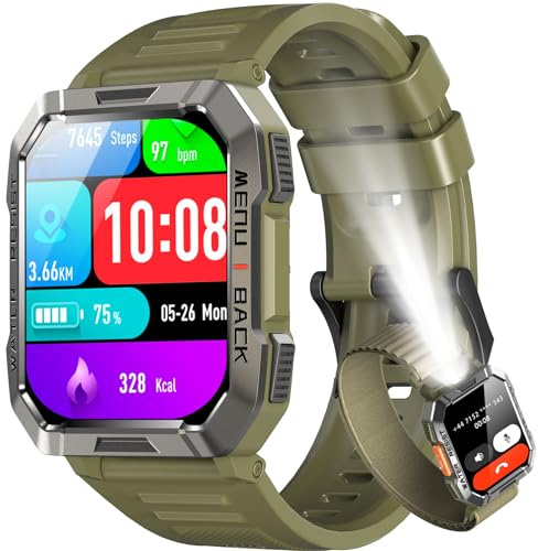 IOWODO SmartWatch Uomo，2.01“ Militari Smart Watch con Torcia/900mAh Batteria/2 Cinturini/Bussola/SpO2/100 Sportive/Cardiofrequenzimetro/Sonno,Orologio Fitness Tracker per iOS/Andriod