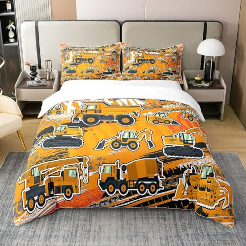 Loussiesd Kinder BAU Bettwäsche Set 135x200cm 100% Baumwolle Bagger Autos Bettbezug Set Für Jungen Jugendliche Baustellenmaschinen LKW Dekor Betten Set Karikatur Traktoren Schlafzimmer 2St