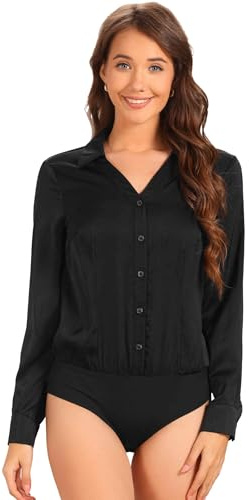 Allegra K Button Down Business Bodysuit for Women's One-piece Collared Long Sleeve Work Shirt Casual Tops X-Large Black