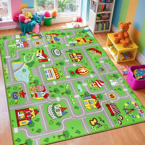 Capslpad Kid Rug for Playroom 150x200cm Green Play Rug Traffic Road Car Play Game Mat Educational Learning Area Rug Kids Carpet for Children Bedroom Playroom Nursery Room Decor
