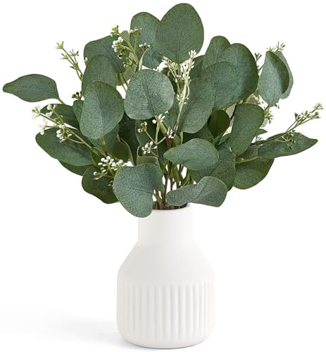 Dahey Artificial Eucalyptus Stems in Small Ceramic Vase Centerpiece Table Decorations Modern Farmhouse Decor Fake Eucalyptus Plants with Vase for Bathroom Kitchen Shelf Living Room Home Decor, White