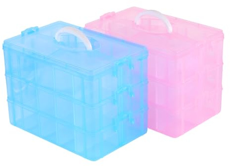 CHUENKUK 2er Set Sortierbox 3 Etagen mit Henkel, Sortierboxen für Kleinteile 30 Fächer, 3 Stöckig Sortierbox Aufbewahrung Box Transparent mit Dekel für Perlen Organizer, Blau, Rosa