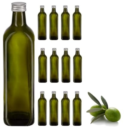 Juego de 12 botellas de cristal verde para aceite de oliva, 750 ml, con tapón de rosca de aluminio