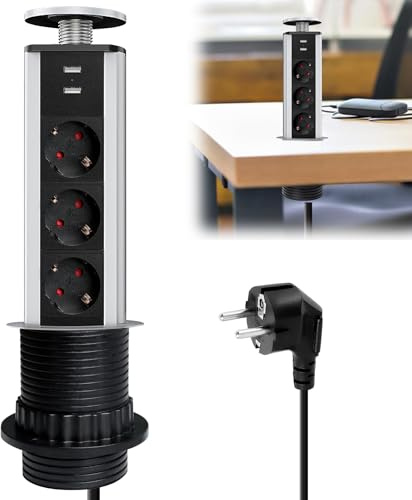 Sänkbart bordsuttag med 2 USB, 3-vägs sänkbart uttag 60 mm, inbyggt grenuttag med 2 m kabel, grenuttag flera uttag för bänkskiva kontor kök