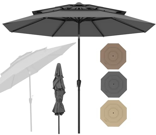 RELAX4LIFE Parasol Droit Inclinable 3M | Parasol de Jardin Extéieur 3M | Toit Ventilé à 3 Couches | Inclinaison 30° | 8 Baleines | Manivelle | Protection Solaire pour Balcon Terrasse (Gris)
