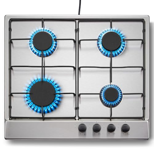 TopStrong Plaque de Cuisson Gaz 4 Feuxs Inox, Plaque Gaz 4 Feux en Acier Inoxydable, Sécurité Thermocouple, Encastrable Table de Cuisson 60cm, Gazs Naturel/Propane