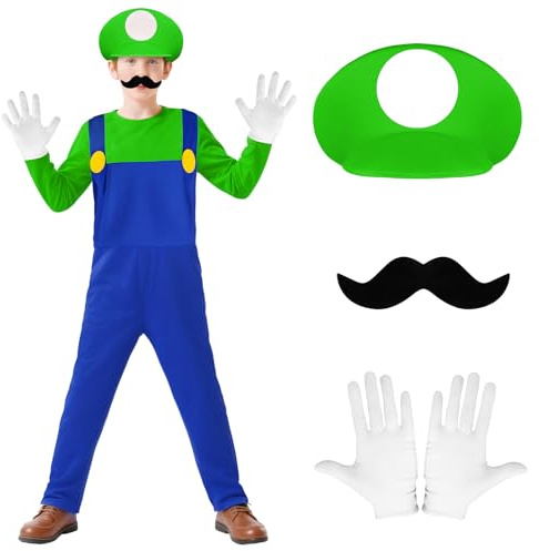 BSBUY Costume de Héros d'enfance pour Enfant Adulte, Super Brothers Enfant, Ensemble de Mario Luigi-Bros Costume de Cosplay avec Pantalon, Barbe, Gants, Costume de Plombier Super Brothers Unisexe