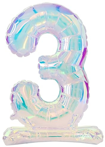 Folat 62948 Zahl Luftballon 3 Irisierende holographische Stehender Folienballon 72 cm - kein Helium erforderlich - Party Dekorationen für Geburtstag Babyparty Hochzeit Jubiläum Deko
