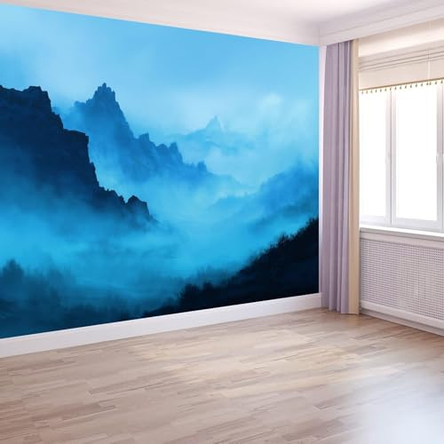Papel Pintado Murales 300 x 210 cm Fondo De Pantalla Moderna Decoración Azul, Montañas Naturales De Fantasía Art Papel tapiz fotográfico, Para Comedores Salones Habitaciones Fondo De Tv