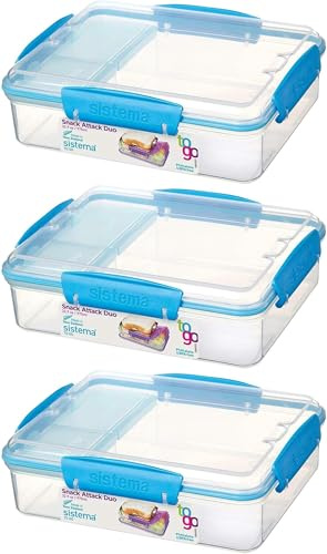 Sistema Snack Attack Duo To Go Brotdose – 3er Set | 975ml Lunchbox mit 3 Fächern | BPA-frei, stapelbares Design | Zufällige Farben