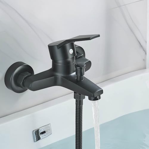 JUNSOTTOR Badewannenarmatur Einhand Armatur Badewanne Mischbatterie Badewanne Wasserhahn Wandmontage Aufputz 1/2 Zoll Brauseabgang Schwarz