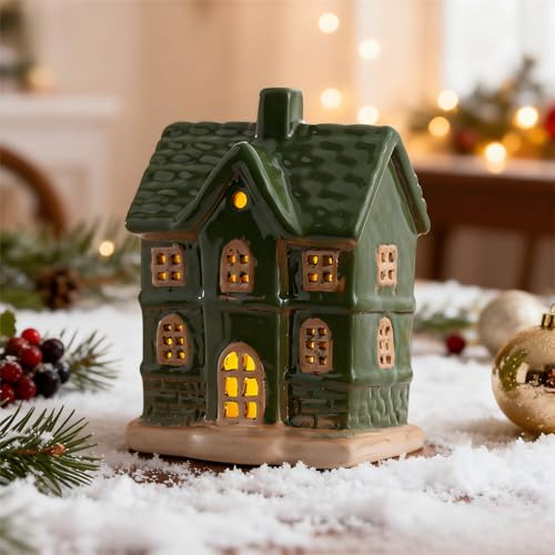 DZAY Weihnachtsdeko Weihnachtsdorf Beleuchtet Winterhaus deko Teelichthaus aus Porzellan,LED Lichthaus Weisse Häuser,Lichthäuser Keramik Weiß Teelichthalter Windlicht Weihnachtshäuser (Grün)