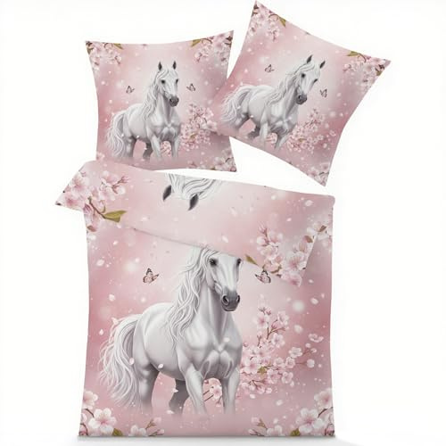 GEDAEUBA Pferde Mädchen Bettwäsche 135x200 Winter - Rosa Kirschblüten Bettbezug, Wendebettwäsche und Kissenbezug 80x80, Weiche & Angenehme Mikrofaser Bettwäsche-Sets mit Reißverschluss