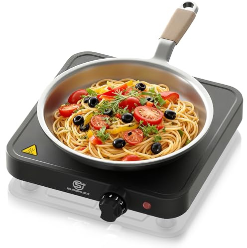 SUPERLEX Einzelkochplatte 1500W Kochplatte 1 Kochfeld – Elektrische | Herdplatte mit 5-Stufen-Schalter, Gusseisenplatte & Überhitzungsschutz – kompakt & tragbar für Camping, Büro, Studenten