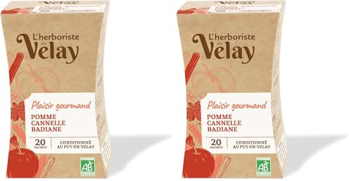 L'Herboriste du Velay - Infusion BIO Plaisir Gourmand - Pomme, Cannelle, Badiane - Ingrédients 100% Issus de l'Agriculture Biologique - Conditionné au Puy-en-Velay - Boite de 20 Sachets (Lot de 2)