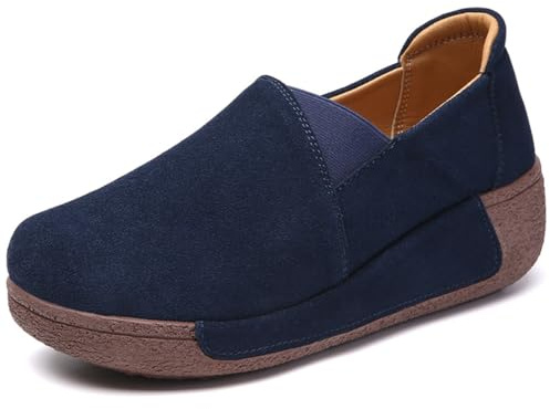 Mocasines de Plataforma para Mujer Piel de Ante Zapatos Náuticos con Tacón Sin Cordones Mocasín Comodos