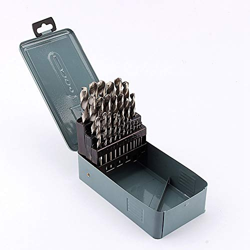 Cloimei Juego de brocas helicoidales HSS profesionales, kit de perforación de metal de 25 piezas, brocas de acero de alta velocidad para hierro fundido, acero aleado y metales duro