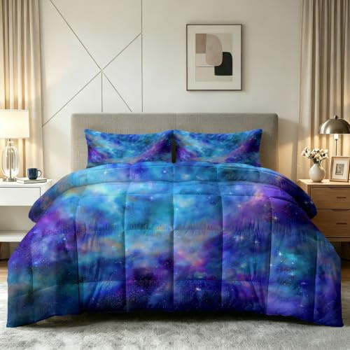 Couette sans Housse 4 Saisons Espace Univers, Réversible Édredon en Lavable 220 x 240 cm Ciel Étoilé Nébuleuse - Linge de Lit d'Été, Légère et Chaude avec 2 Taies d'oreiller - Hypoallergénique