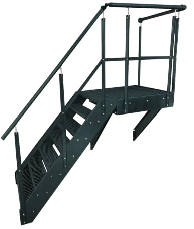 Premium Podesttreppe Wangen- Stahltreppe 7 Stufen Höhe 133 cm in Anthrazit RAL 7016 Ausrichtung der Wangentreppe Wählbar Links/Rechts oder Front (Treppe Links)
