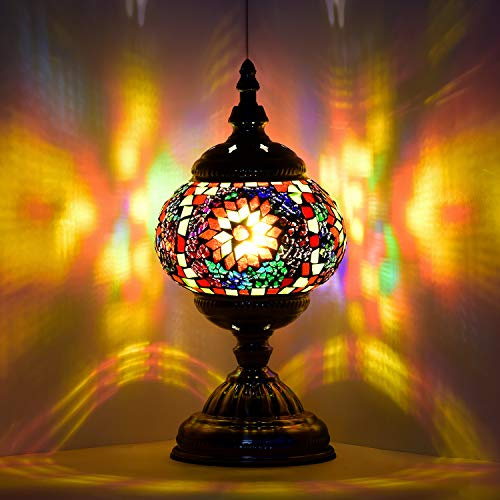 Marrakech Turkish Lamp Vintage Table Lamp with Tiffany Style, Handmade Moroccan Mosaic Glass Lamp with Bronze Base Including LED Bulb for Living Room Bedroom Decor (Colorful1)