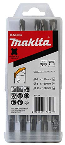 Makita B-54704 Centering tip SDS-PLUS Hammer-Bohrer-Set 5-teilig in Aufbewahrungsbox, Ø 6-10 mm, ideal für Beton und Mauerwerk