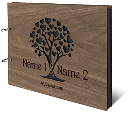 Hochzeit Fotoalbum Nussbaum Holz Gravur individuell Holzcover mit 50 Fotokarton 300g/qm schwarzen Innenseiten (25 Blätter) DIN A4 quer 302 x 215 mm - Herzbaum