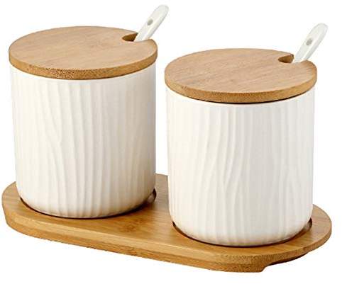 OnePine Lot de 2 Pot à épices Sel Spice Jar Condiments boîte Bol à Sucre Cuillère en céramique et Couverture de Bambou