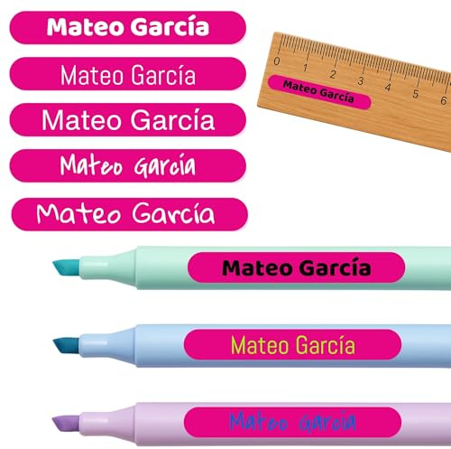 Lot de 60 étiquettes personnalisées adhésives pour bolis, crayons, règles et petits objets, taille mini 35 mm x 5 mm avec 1 ligne, stratifié protecteur inclus dans l'étiquette. (Magenta)