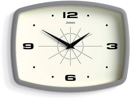 NEWGATE Jones Clocks® Movie Wanduhr | Rechteckige Retro-Uhr | 25 cm | Grau | Cooler mid-Century-Designer-Look für küche, Wohnzimmer oder büro