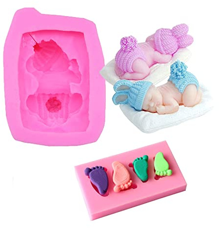 2 Stück 3D Baby Silikonform Schlafen Baby Fondant Form Baby Fußabdruck Silikonformen für Baby Geburtstag Party Kuchen Schokolade Dessert