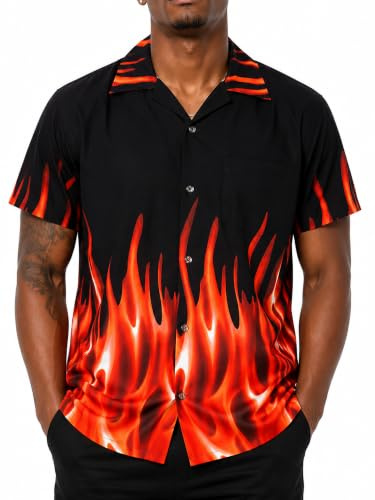 King Kameha Funky-Camicia-Hawaiana, Manica-Corta, Flames, Arancia, L