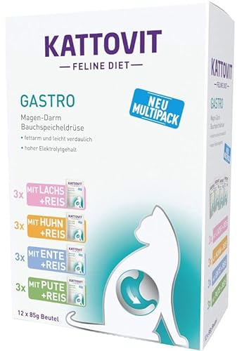 KATTOVIT - Gastro Multipack Nassfutter für Katzen | Katzennassfutter zur Unterstützung des Magen-Darm-Systems | Diät-Alleinfuttermittel im Frischebeutel für ausgewachsene Katzen | 12 x 85g