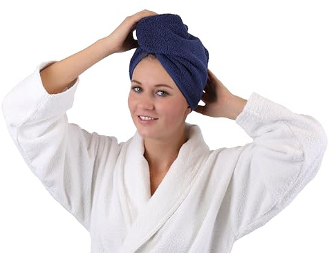Betz 2 stycken turbanhandduk med knapp, huvudhandduk, hårturban, 100 % bomull, frottékopia, färg mörkblå, storlek 2 stycken