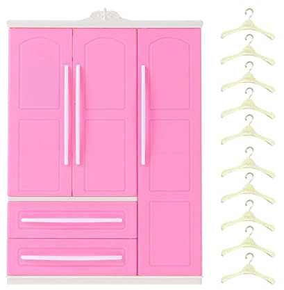 Doll Wardrobe Closet with 10Pcs Hangers Clothing Organizer Decorations Openable Drawer Storage Cabinet Birthday Gifts Pink