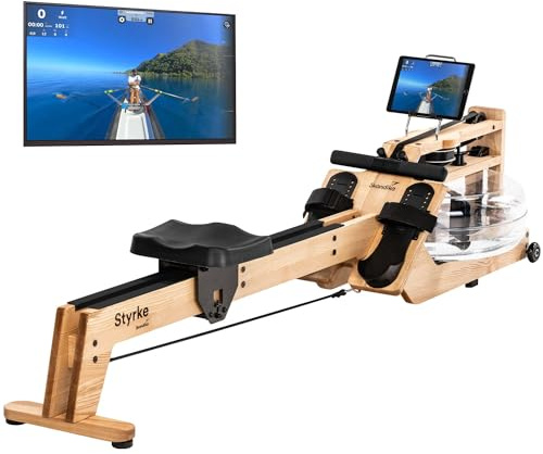 Skandika Wasserrudergerät Styrke Premium | Made in Germany, Rudergerät Wasser aus Holz, Kinomap App-Funktion, Rudermaschine für Zuhause, Massive Esche aus Deutschland, naturnahes Rudern, bis 180 kg