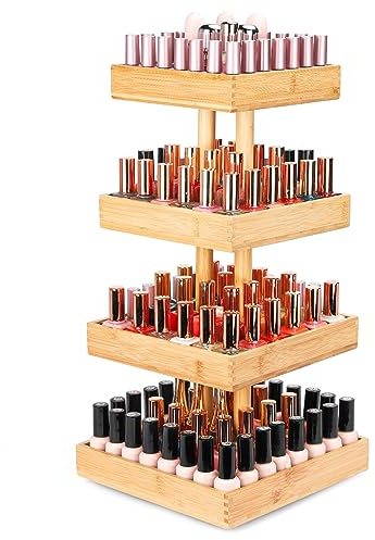Homde Nail Polish Display Stand and Storage: 360 Degree Rotating Bamboo Rack Organizer, 4 Tier Makeup Holder for Fast Access on Countertop or Vanity for Girls & Women,Brown