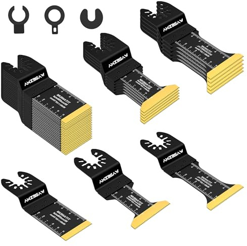 AMZBSAW 32 hojas de sierra oscilantes de titanio para corte de metal, kits de cuchillas multiherramienta para clavos de metal, material duro y plástico de madera, hoja de herramienta oscilante para