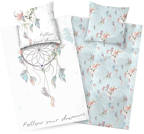 Aminata kids Biancheria da letto con acchiappasogni, 135 x 200 cm, in flanella, di cotone, colore turchese, per ragazze, set di biancheria da letto double-face, 2 pezzi, calda e morbida