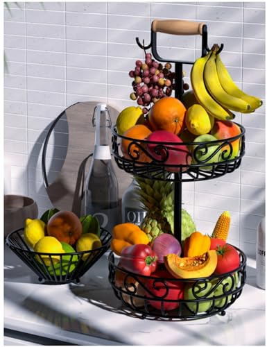 Couwilson 2-stöckiger Obstkorb und Obstschale - Obst- und Gemüseaufbewahrung mit Bananenbaumaufhänger und Holzgriff, Obstkorb für Küchentheke, für Brot, Zwiebeln, Kartoffeln, Gemüse (Schwarz)